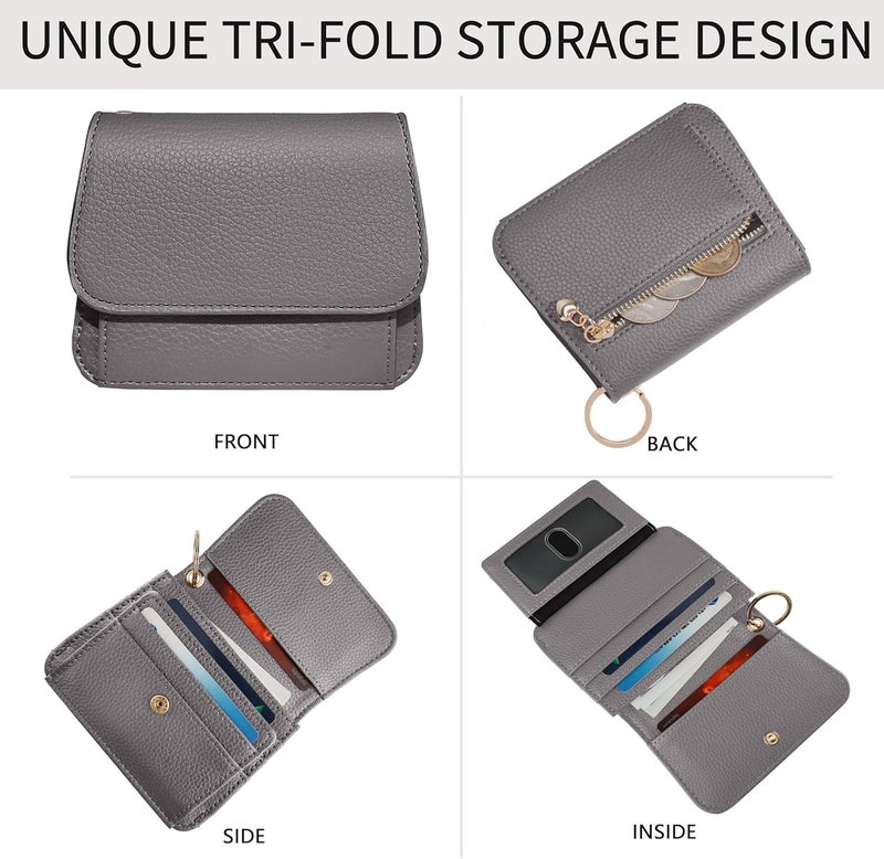 Sunpour Women Small Wallet RFID Blocking Slim Wallet with Coin Pocket Tri-Fold Credit Card Holder with ID Window and Keychain (Grey) - Image 3